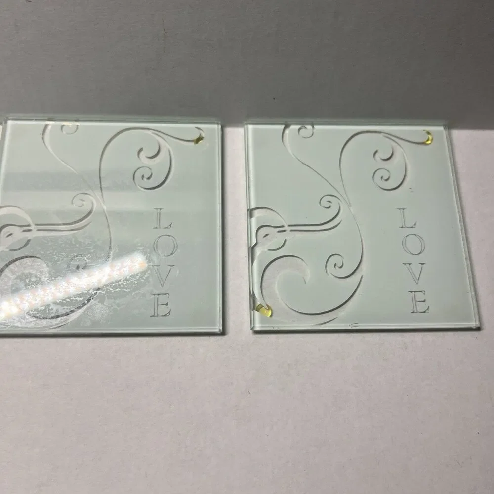 Lot of 3 Glass Coasters with Holder Etched LOVE Word Frosted Swirl 3” Vintage